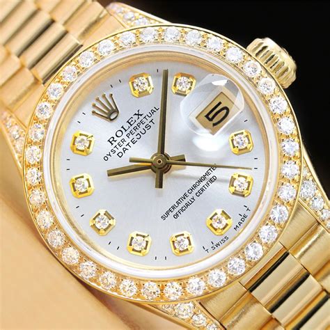 18k gold ladies rolex cocktail watch|ladies rolex president diamond bezel.